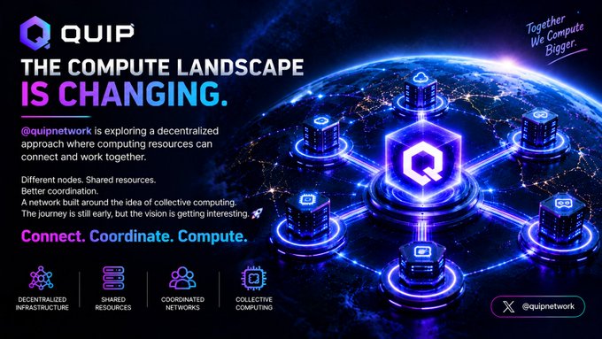 A promotional graphic for QUIP (@quipnetwork) with the text 'THE COMPUTE LANDSCAPE IS CHANGING' and 'Connect. Coordinate. Compute.', showing a network of servers connected around a central Q logo orbiting the Earth.