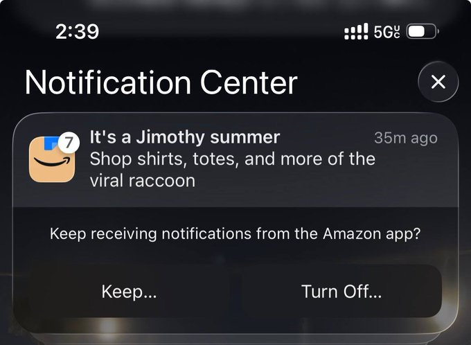 An iPhone screenshot of the iOS Notification Center displaying an Amazon promotional notification ('It's a Jimothy summer') with options to 'Keep...' or 'Turn Off...' notifications.