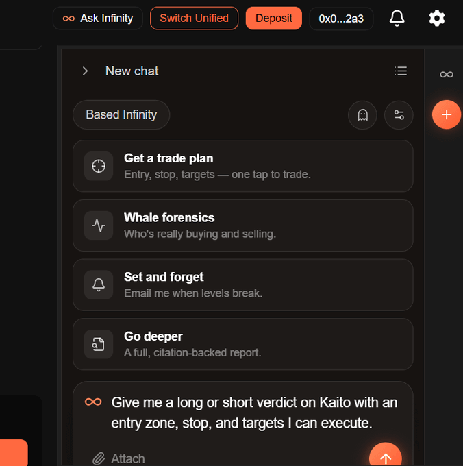A dark-themed AI trading interface called "Based Infinity" by BasedOneX, with options like "Get a trade plan," "Whale forensics," and "Set and forget," showing a sample prompt asking for a long or short verdict on Kaito with an entry zone, stop, and targets.
