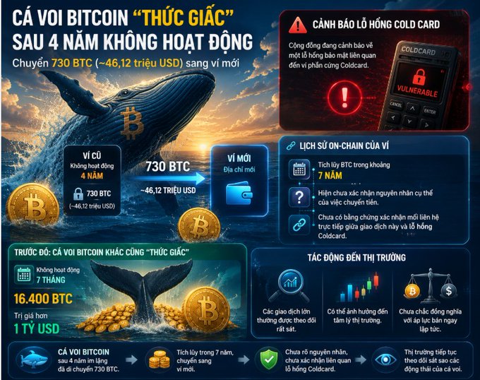 An infographic about a Bitcoin whale 'awakening' after 4 years of inactivity, transferring 730 BTC (~$46.12 million), with warnings about Coldcard vulnerabilities and on-chain history.