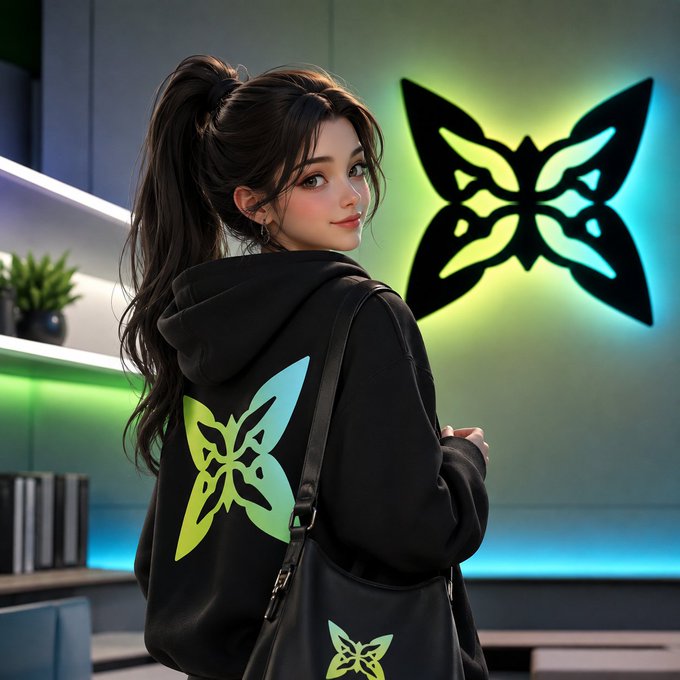 A young woman with a high ponytail wears a black hoodie and tote bag featuring a neon green and blue butterfly logo, with the same illuminated butterfly design glowing on the wall behind her. The image visually reinforces the post's pitch for Quip Network by branding the futuristic "quantum marketplace" concept with a sleek, tech-forward aesthetic that contrasts with traditional blockchain imagery.