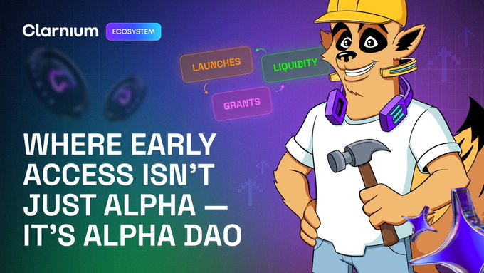 The image features an animated cartoon raccoon wearing a hard hat and holding a hammer, standing against a purple background with text that reads "where early access isn't just Alpha - it's Alpha DAO". The caption below the raccoon explains that the image is related to the post about how Alpha DAO works.