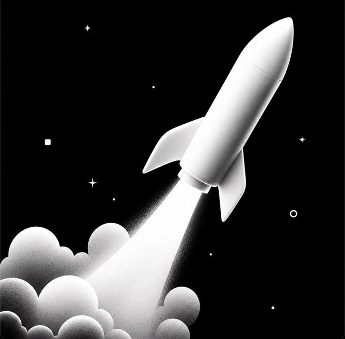 A black and white illustration of a rocket launching into a starry sky, leaving a trail of smoke and clouds below.