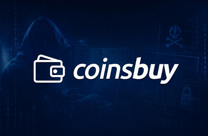 A logo for 'coinsbuy' featuring a white wallet icon on a dark blue background with a hooded hacker figure, code snippets, and a skull and crossbones watermark.