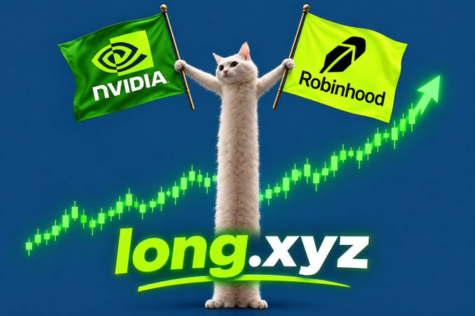 A meme image featuring a white cat standing upright holding NVIDIA and Robinhood flags, with a green candlestick chart and the text 'long.xyz'.