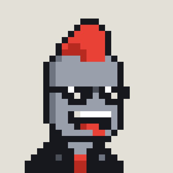 A pixel-art zombie-like character with a gray face, red mohawk, and a single visible tooth, wearing a dark jacket.