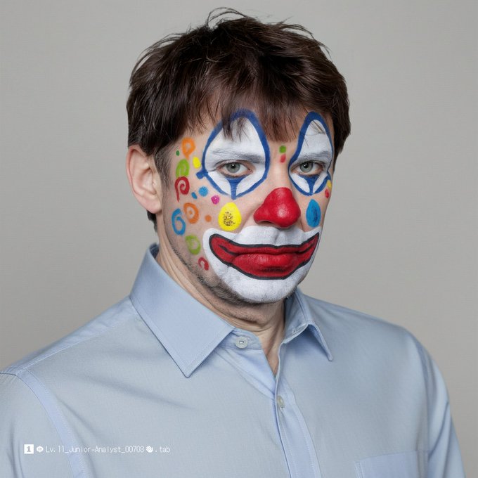 A man with clown face paint and colorful question marks dots looks somberly at the camera, illustrating the post's playful concept of "clown" dancing tied to an ETH NFT purchase made with Tezos (XTZ) cryptocurrency. The watermark reads "Lv.1|_Junior-Analyst_00708 _ .tab".