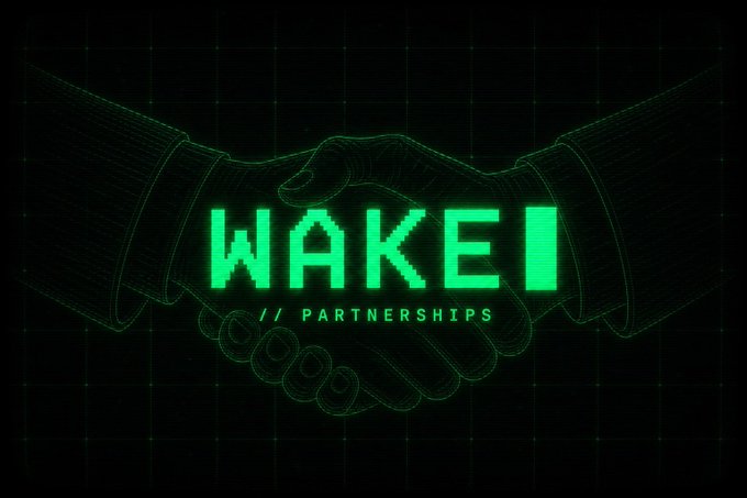 The image features a logo for a company named "WAKE" with two hands shaking over each other's shoulders, symbolizing a handshake or agreement between people. The background of the image is black, which contrasts with the green neon letters that display the word "WAKE". Below the logo, there is text that reads "Shipping terminal upgrades is only part of the mission. Behind the scenes, $WAKE continues expanding its network, integrations and partnerships. You’ll see soon." This message emphasizes the company's commitment to growth and expansion in their business operations.