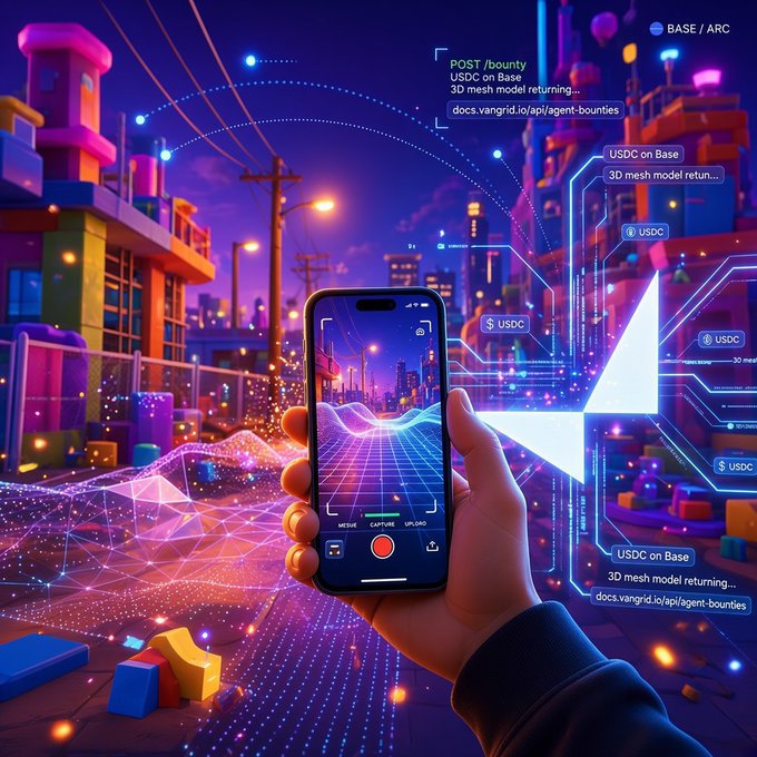 A digital/cyberpunk-style image showing a hand holding a smartphone that displays a 3D mesh visualization, with USDC on Base bounty information for 3D mesh model returning displayed on the right against a neon cityscape background.