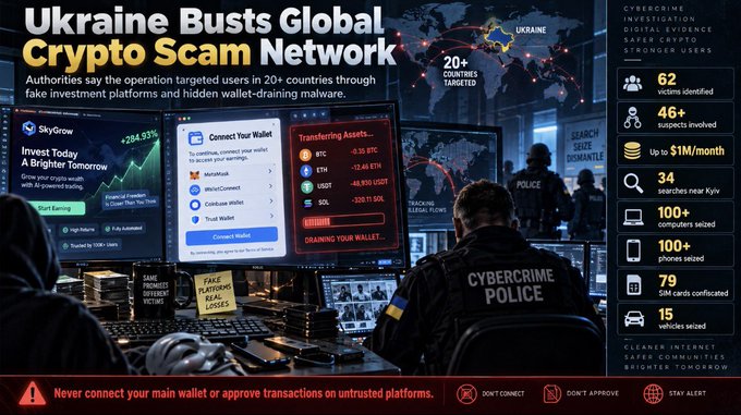 A news infographic titled 'Ukraine Busts Global Crypto Scam Network' showing a cybercrime police officer at monitors displaying fake investment platforms, with statistics like '20+ COUNTRIES TARGETED' and '62 victims identified'.
