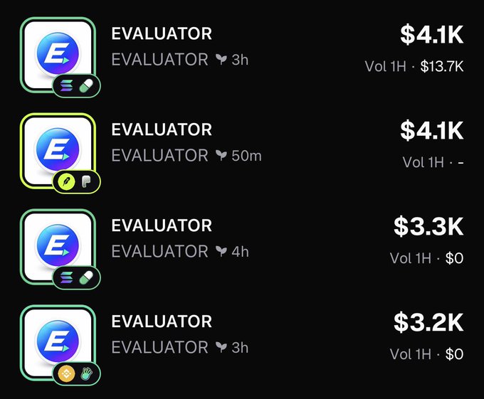 A crypto trading app showing four listings for "EVALUATOR" with prices of $4.1K, $4.1K, $3.3K, and $3.2K.