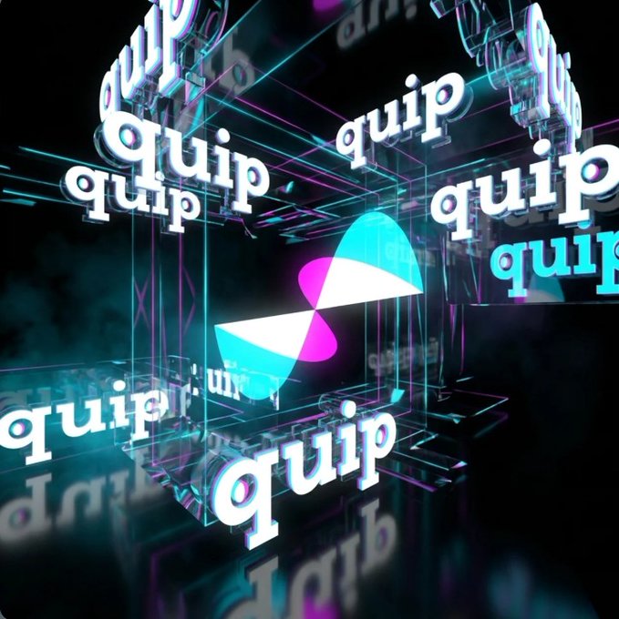 A vibrant 3D neon graphic with the word 'quip' repeated in a cube formation around a glowing cyan and pink logo.