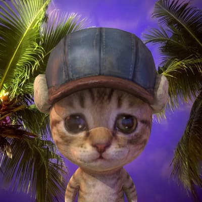 Cute 3D-rendered cartoon kitten wearing a blue baseball cap, set against a purple sky with palm tree leaves.