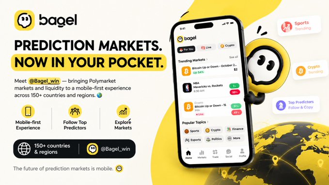 A Bagel promotional graphic says “PREDICTION MARKETS. NOW IN YOUR POCKET,” advertising a mobile-first experience across 150+ countries & regions with a phone mockup and @Bagel_win.