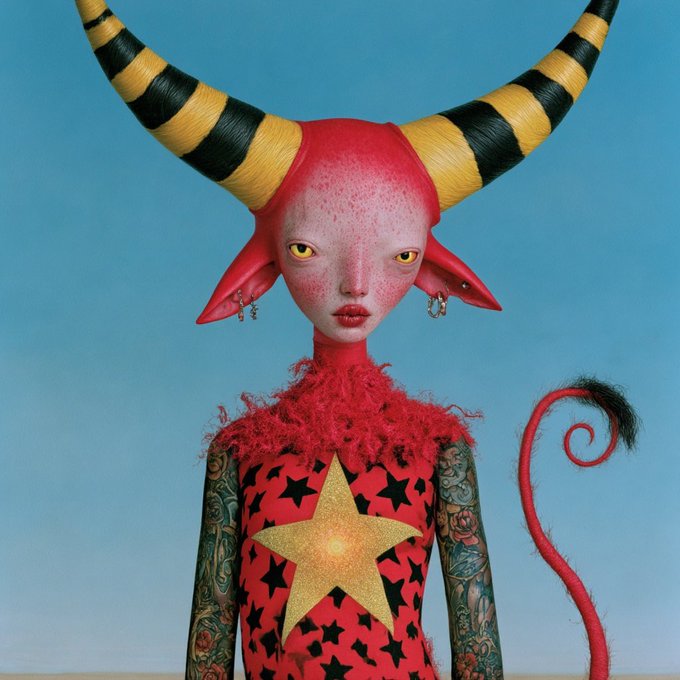 An AI-generated portrait shows a red-skinned humanoid figure with large black and gold striped horns, yellow eyes, tattoos, and a star-patterned outfit against a blue sky.