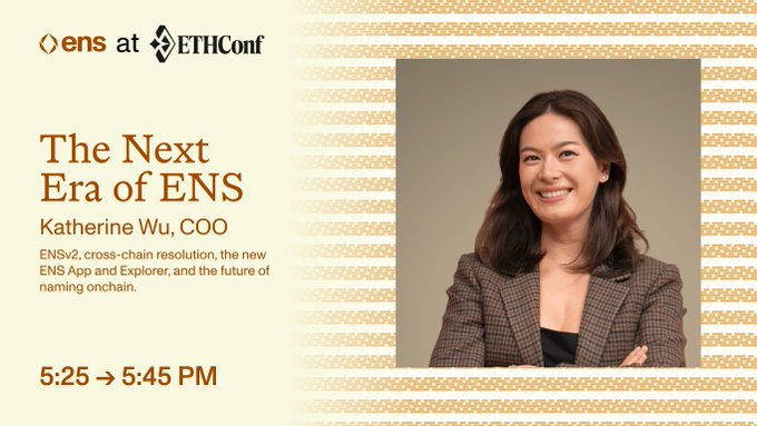 The image features a woman wearing a brown jacket, smiling as she poses for a photo. The background of the image has a patterned design with stripes running across it. The text "Catch @katherinewu (katherine.eth) on the Main Stage at ETHConf today. She'll be covering the latest on ENSv2 and what's next for onchain naming." is displayed, indicating that the woman in the image is a speaker or panelist at an event related to ENSv2. The post also mentions that there will be a live session at 5:25 PM ET where Katherine will be discussing the new era of ENSv2 and its implications.