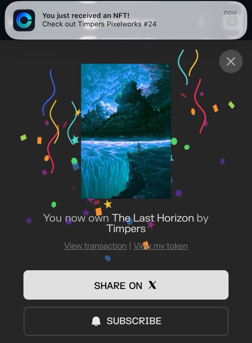 A mobile notification screen showing an NFT receipt from Timpers for 'The Last Horizon' pixel artwork, featuring a fantasy landscape with mountains and waterfalls, with options to share on X or view the transaction.