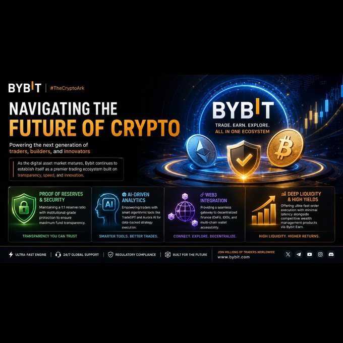 A promotional banner for 'Bybit' (#TheCryptoArk) titled 'Navigating the Future of Crypto,' highlighting proof of reserves, AI-driven analytics, Web3 integration, and deep liquidity.