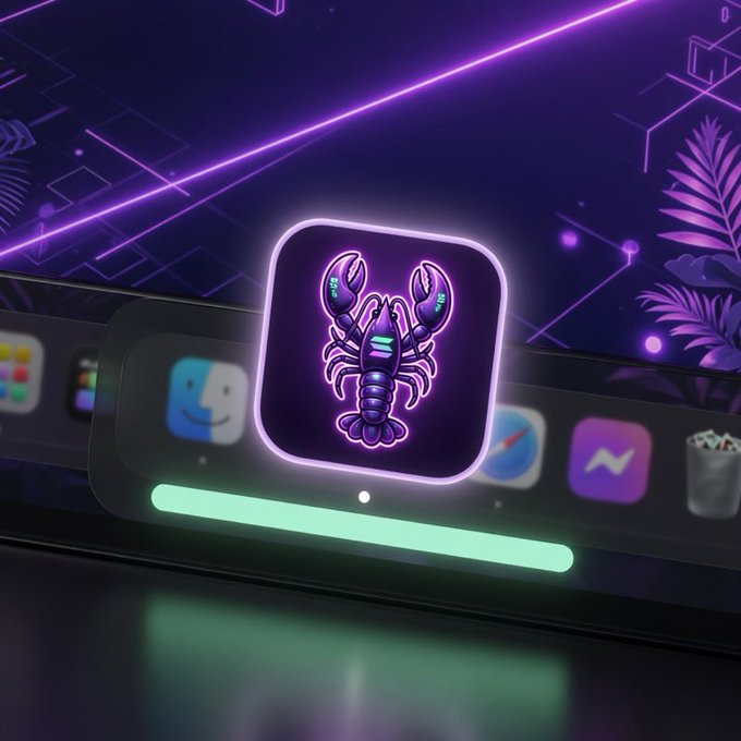 A glowing purple neon crab app icon on a digital interface, set against a dark background with neon purple lines and tropical leaves.