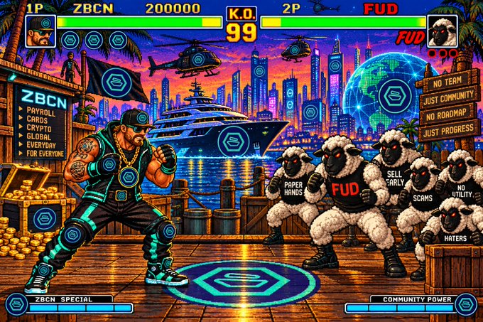 A retro fighting game screen titled "ZBCN VS FUD" showing a muscular man fighting sheep, with text like "PAYROLL, CARDS, CRYPTO, GLOBAL, EVERYDAY, FOR EVERYONE" and "PAPER HANDS, SELL EARLY, NO SCAMS, HATERS".