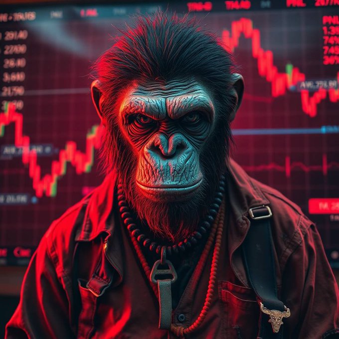 A digital artwork depicting a fierce-looking chimpanzee with blue-tinted fur wearing a red jacket and beaded necklaces, set against a backdrop of red stock market candlestick charts.