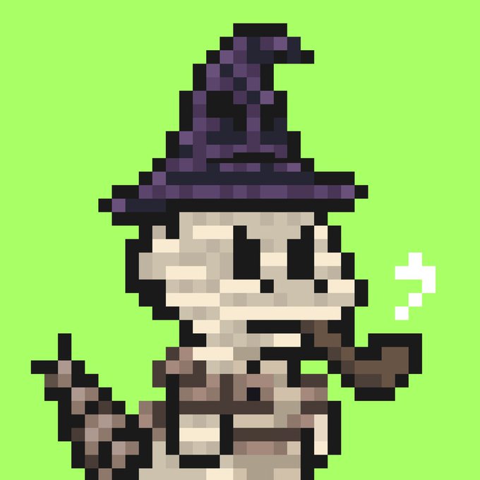A pixel art sprite of a character wearing a purple witch hat and holding a broomstick against a green background, appearing to be from a retro video game.