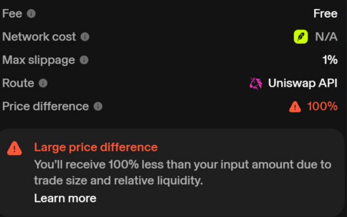 The image shows a cryptocurrency swap interface displaying a 100% price difference warning, indicating the user would receive 100% less than their input amount, with the route set to Uniswap API. This alarming warning supports the post's claim of being effectively "banned from selling," as the platform is showing it would take nearly all of the user's tokens due to poor liquidity for the trade.
