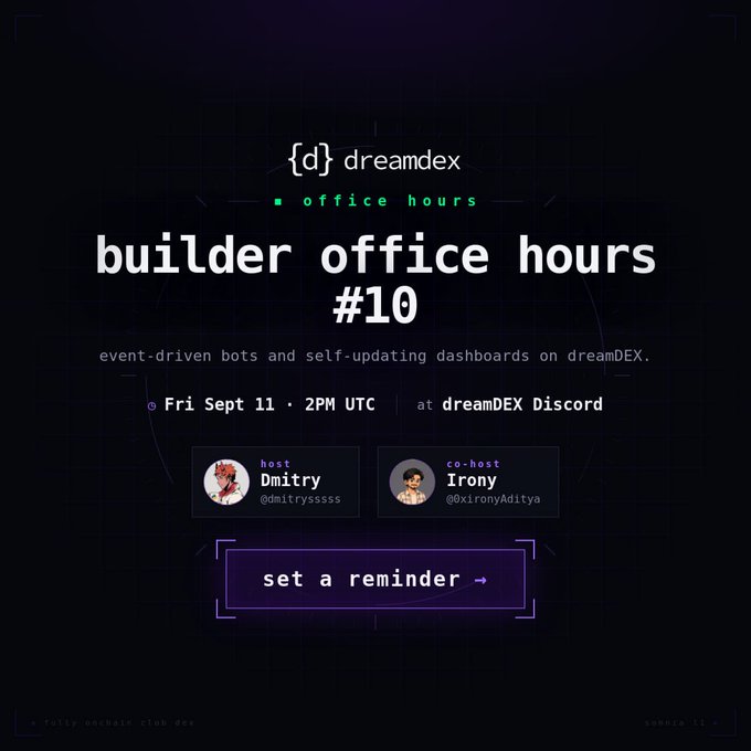 Promotional graphic for "builder office hours #10" by {d} dreamDEX, scheduled for Fri Sept 11 at 2PM UTC, hosted by Dmitry (@dmitrysssss) and co-hosted by Irony (@0x1ronyAditya).