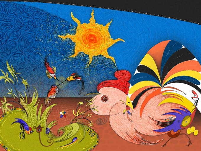 A whimsical illustration featuring a colorful rooster wearing a red hat next to a fantastical green creature, set against a vibrant blue background with a swirling yellow sun.