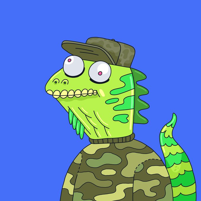 A cartoon illustration of a green dinosaur-like creature with bulging eyes, a wide toothy grin, and a camouflage cap and outfit against a blue background.