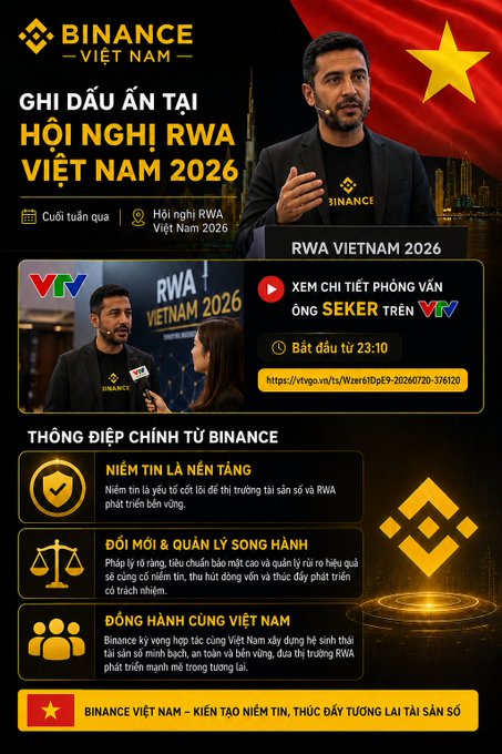 Binance Vietnam promotional graphic highlighting their appearance at the RWA Vietnam 2026 conference, featuring key messages about platform trust, compliance, and partnership with Vietnam.