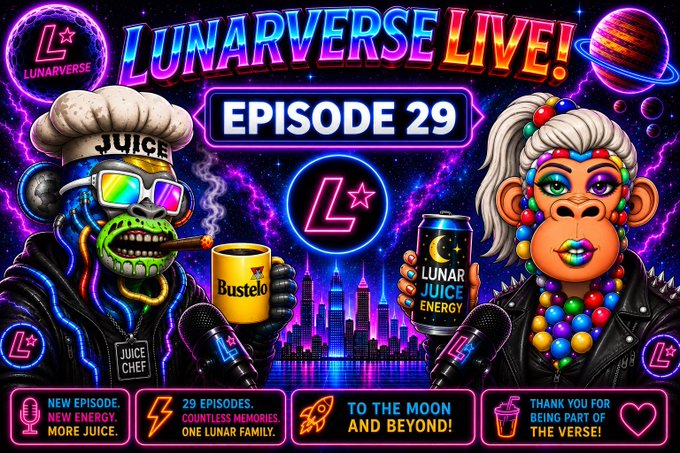 A vibrant promotional graphic for 'LUNARVERSE LIVE! EPISODE 29' features stylized cartoon characters holding 'Bustelo' and 'LUNAR JUICE ENERGY' drinks, with text including 'TO THE MOON AND BEOW!'.