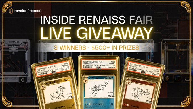 A promotional banner for the "Inside Renaiss Fair Live Giveaway" by Renaiss Protocol, featuring three graded Pokémon cards including 2023 Pokémon SV Japanese promotional cards (Pikachu, Vaporeon, and Vaporeon variants) displayed as prizes, with text announcing "3 Winners · $500+ in Prizes" to align with the post's live lucky draw event scheduled for 28 August at 9:00 PM HKT.