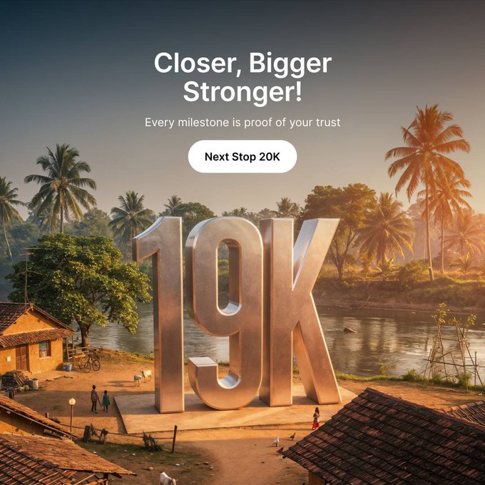 A giant metallic "19K" monument stands in a tropical village setting beneath the text "Closer, Bigger, Stronger! Every milestone is proof of your trust" with a "Next Stop 20K" button, celebrating a subscriber milestone of 19,000 and rallying the community toward reaching 20K.