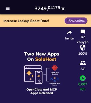 A mobile app screen displaying '3249.04179 π' with a banner promoting 'Two New Apps On SoloHost' including OpenClaw and MCP Apps Released.