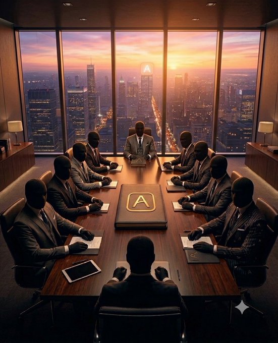A surreal, dimly lit conference room features figures in suits with featureless black faces sitting around a large wooden table bearing an 'A' logo, with a glowing sunset cityscape visible through the windows.
