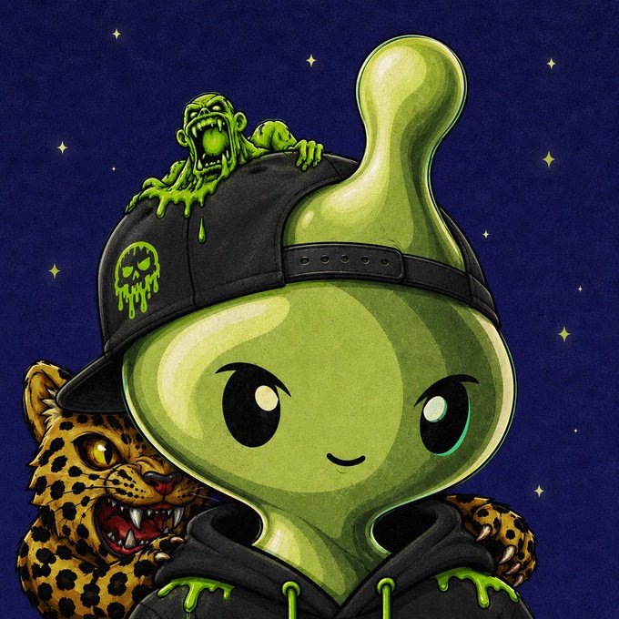 A cute green slime character wearing a backwards cap with a dripping skull logo, a hoodie, and accompanied by a fierce leopard and a small screaming zombie creature perched on its cap, set against a starry night sky—capturing the edgy, rebellious vibe suggested by the "@0xNTRPY" Entropy PFP tease.