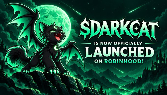 A graphic advertises '$DARKCAT IS NOW OFFICIALLY LAUNCHED ON ROBINHOOD!' featuring a black cat with bat wings on a cliff with a green moon.