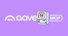 The image shows a promotional graphic with the "aave" logo alongside a cartoon-style computer icon displaying a fox, next to "MCP" text on a purple background. The graphic relates to the post by visually representing the integration of the Aave protocol with MetaMask's Agent Wallet via the MCP (MetaMask Context Protocol).