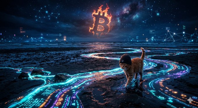The image features a cat walking along a river with neon lights that look like flames coming out of the water, creating an otherworldly atmosphere. The cat appears to be wearing a hat as it walks through this unique scene. In the background, there are stars and planets, adding to the surreal ambiance. The post is about Bitcoin, specifically discussing its liquidity and how it operates in quiet conditions. It also mentions that the system stays alive even when there's no active trading happening.