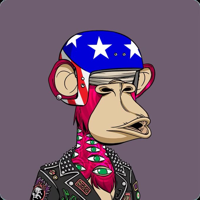 A digital illustration of a Bored Ape-style NFT character wearing an American flag-patterned cap and a leather jacket covered in spikes and patches.