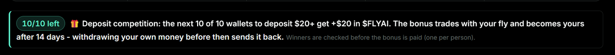 Text message notification showing '10/10 left' with a deposit competition announcement for $FLYAI tokens, offering a $20 bonus for deposits of $20+ held for 14 days.