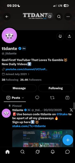 The Twitter profile page of "ttdante" (@ttdante), a YouTuber with 26.4K followers, featuring a pinned post from 20/03/2025 with a referral link to "stake.com/?c=ttdante".