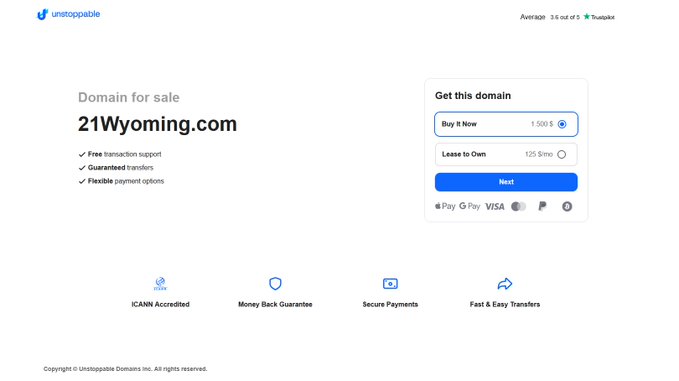 An Unstoppable Domains 'Domain for sale' page for 21Wyoming.com, priced at 1,500 $.