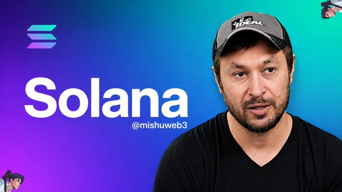 The image features a man wearing a black shirt, hat, and sunglasses with the text "Solana" written above his head. The background of the image has a blue and purple color scheme. The caption below the image reads "Focus on what is in the image and how it relates to the post".