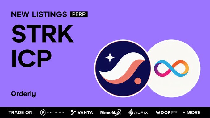 A bold purple announcement from Orderly promoting new perpetual markets for $STRK (Starknet) and $ICP (Internet Computer), featuring their respective logos and noting availability on trading platforms including Raydium, Vanta, MemeMax, Alpix, and WOOFi. The image visually reinforces the post's announcement that these two new Perp markets have been added across 500+ Orderly-powered DEXs.