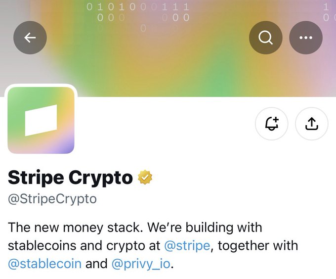 The image shows a Twitter/X profile page for "Stripe Crypto" (@StripeCrypto), displaying their bio: "The new money stack. We're building with stablecoins and crypto at @stripe, together with @stablecoin and @privy_io." The post's caption "Sharing is caring ;)" suggests the user is sharing this Stripe Crypto profile announcement with their followers.