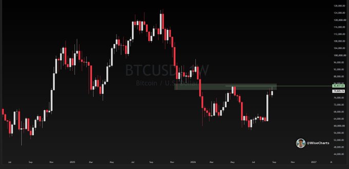 A financial candlestick chart displays 'BTCUSD', 'Bitcoin / U.S. Dollar', and 'WiseCharts', showing price action from July 2015 through 2016 with a notable resistance level around 85,000.