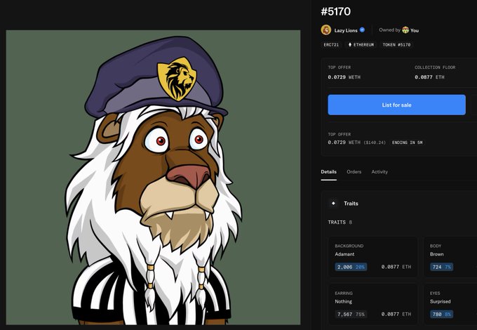 An OpenSea NFT listing page for a 'Lazy Lions' collection item #5170, showing a cartoon lion wearing a purple military-style beret with a striped shirt.
