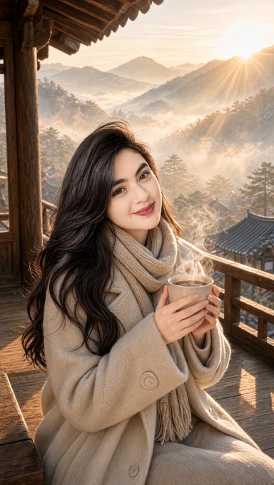 A digital illustration of a smiling young woman with long dark hair and a beige scarf, holding a steaming cup while seated on a wooden balcony overlooking a misty mountain landscape at sunrise.